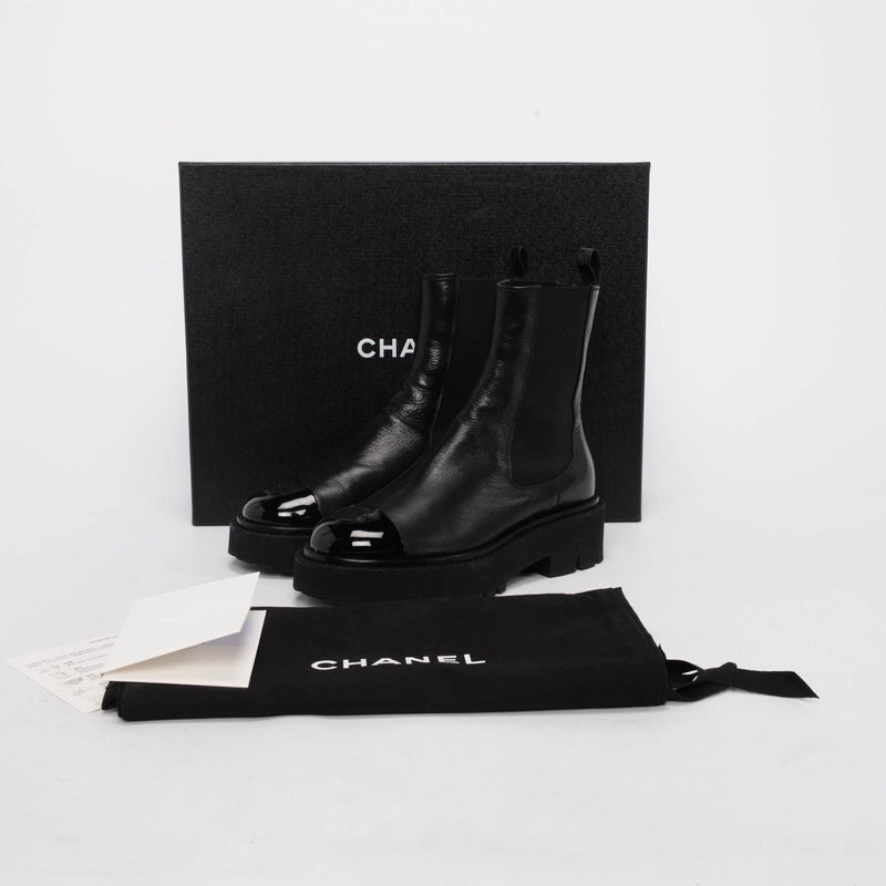 Chanel Black Patent Calfskin Cap Toe CC Ankle Boots 36 - Blue Spinach