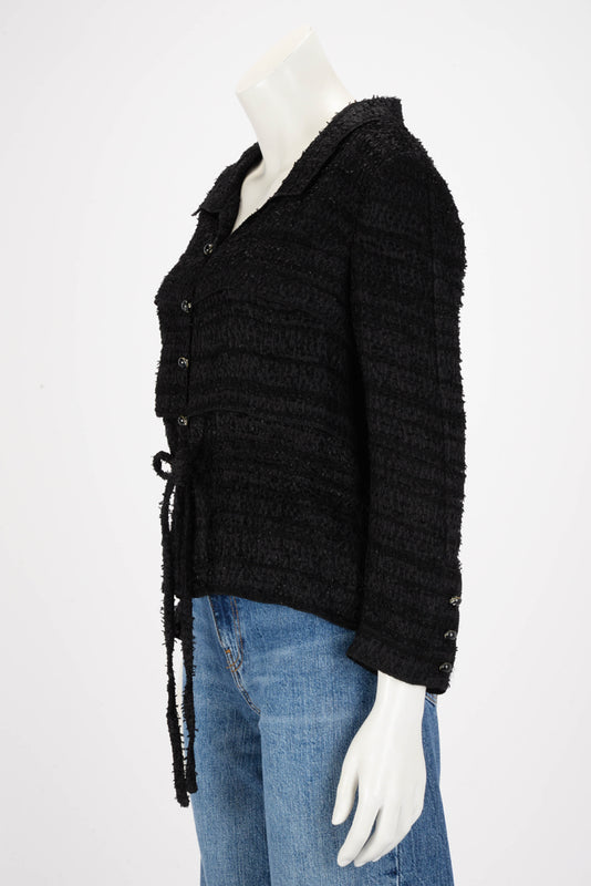 Chanel Black Lightweight Boucle Drawstring Waist Jacket FR 42 - Blue Spinach