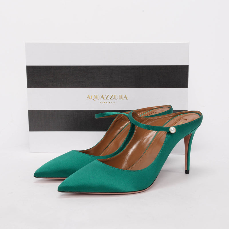 Aquazzura Emerald Green Satin Nolita Mules 41 - Blue Spinach