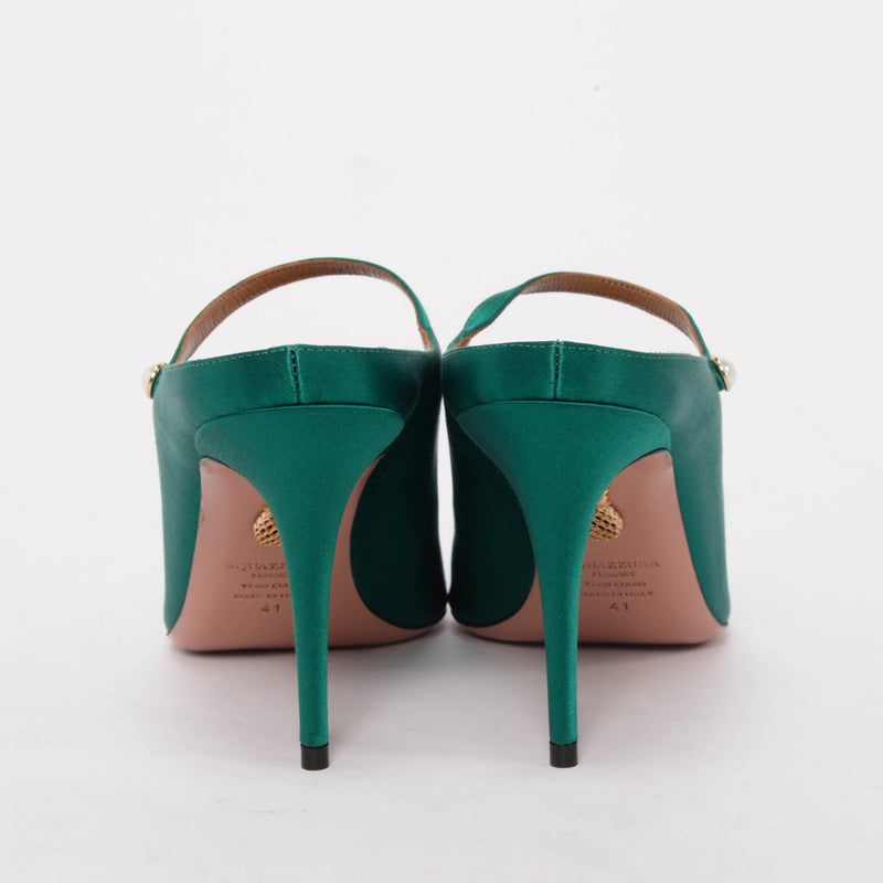 Aquazzura Emerald Green Satin Nolita Mules 41 - Blue Spinach