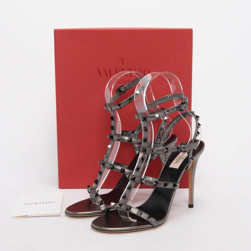 Valentino Gunmetal Metallic Leather Rockstud Cage Sandals 39.5 - Blue Spinach