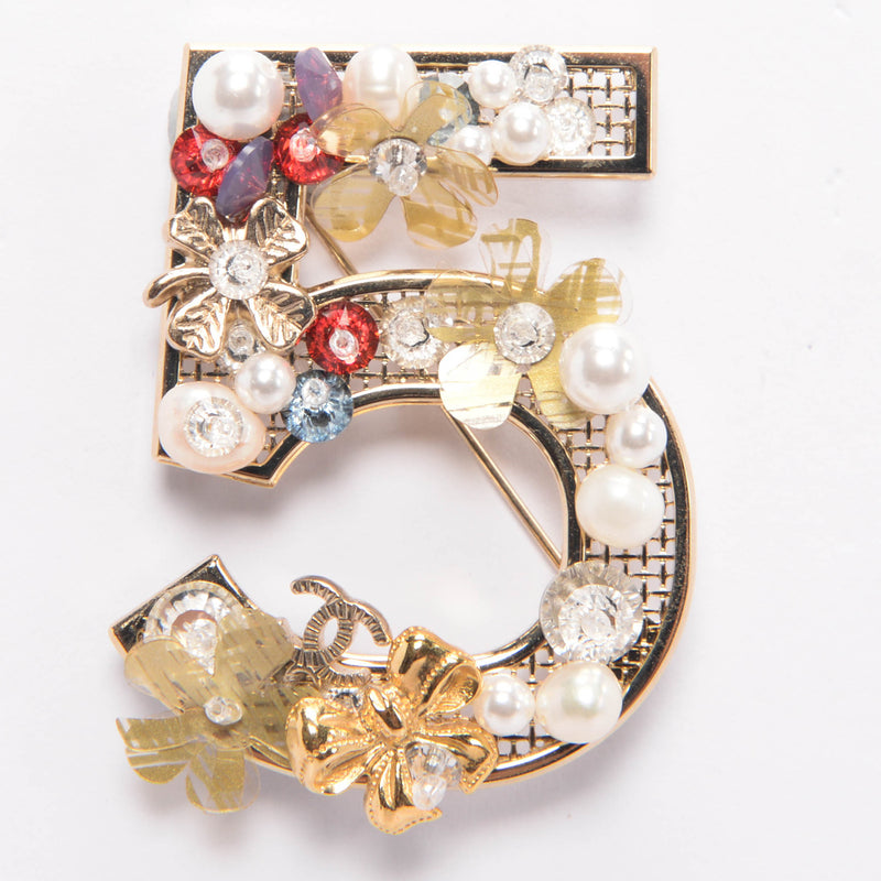 Chanel Light Gold Pearl & Flower Embellished No. 5 Brooch - Blue Spinach