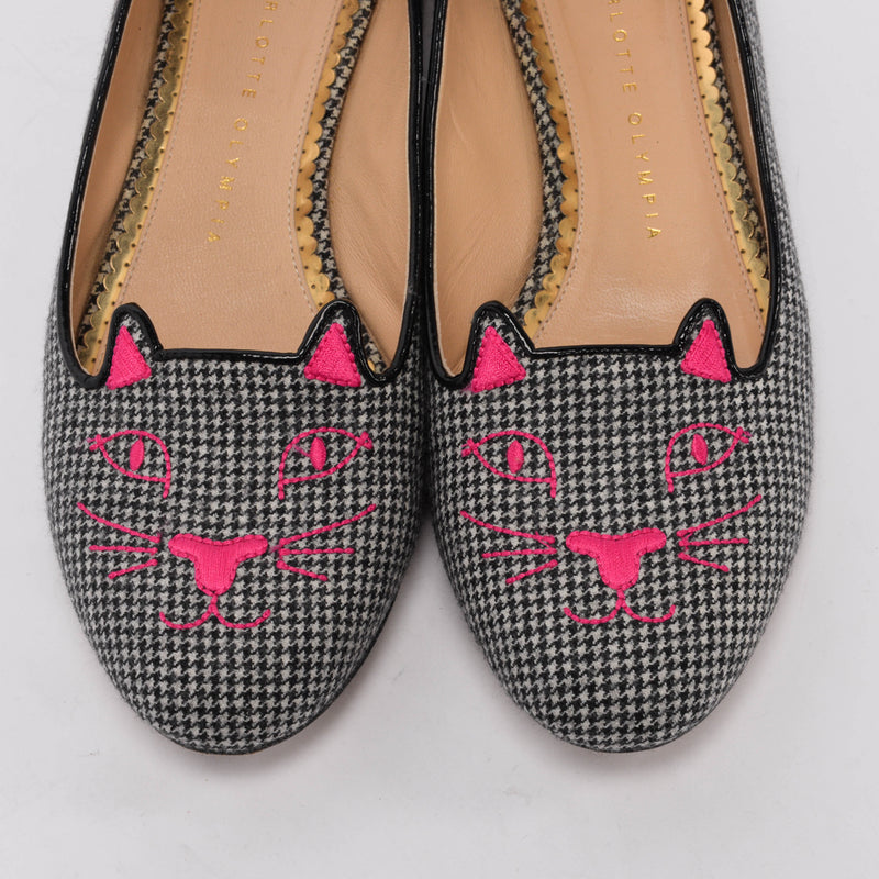 Charlotte Olympia Black & White Houndstooth Kitty Loafers 39 - Blue Spinach