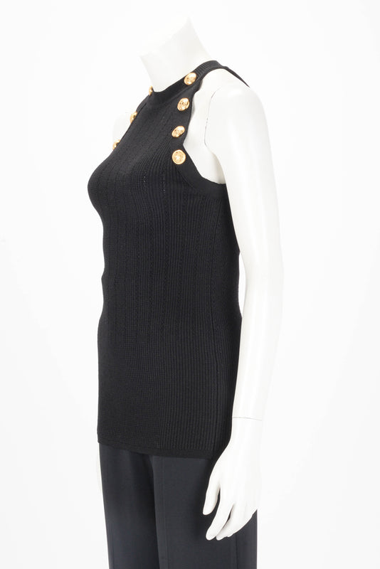 Balmain Black Ribbed Knit Halter Neck Top FR 44 - Blue Spinach