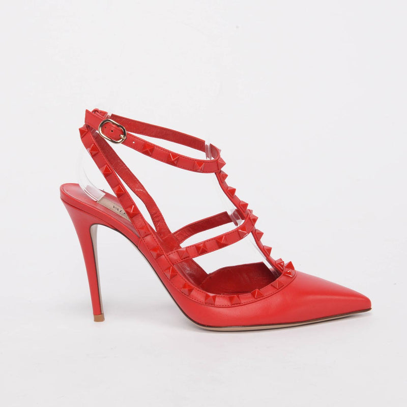 Valentino Red Calfskin Rockstud Cage Pumps 39.5 - Blue Spinach