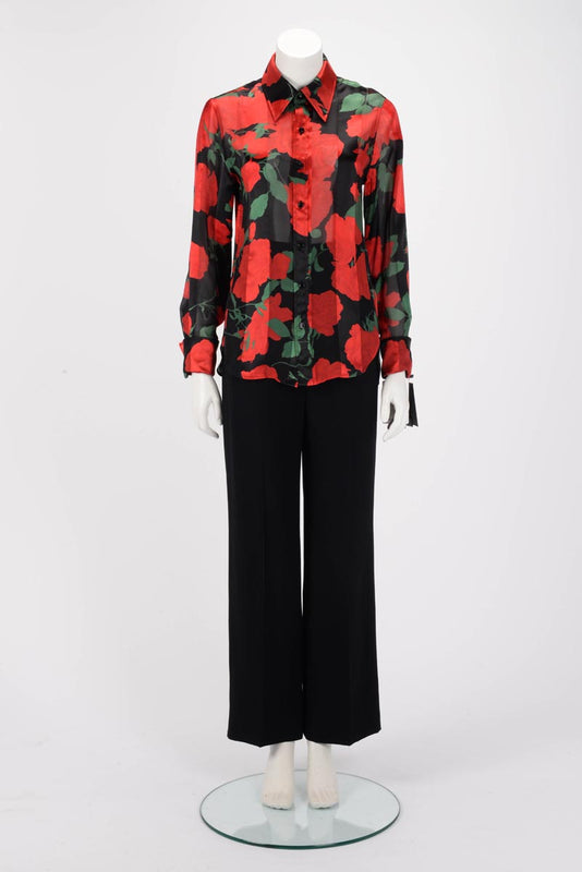 Saint Laurent Black & Red Silk Roses Print Blouse FR 36 - Blue Spinach