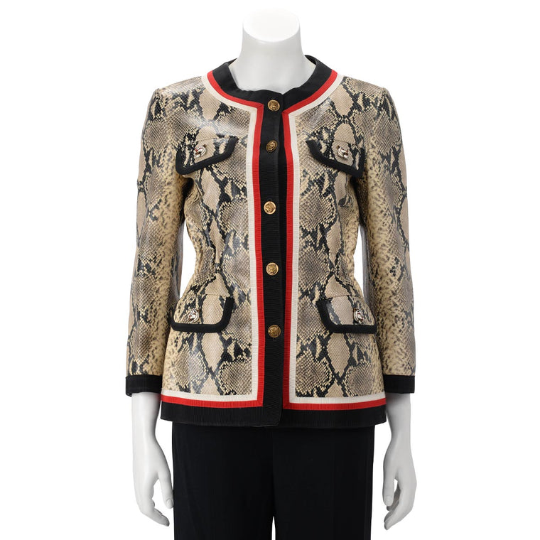 Gucci Beige Snake Effect Leather Web Trim Jacket IT 36