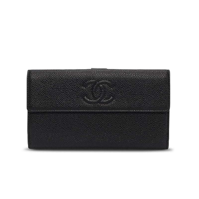 Chanel Black Caviar Leather Timeless CC Wallet - Blue Spinach