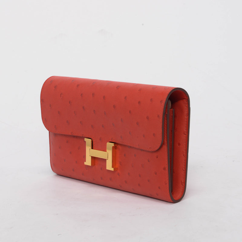 Hermes Rouge Vif Ostrich Constance Long Wallet - Blue Spinach