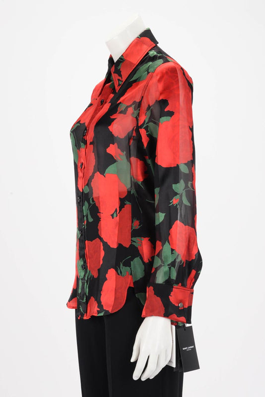 Saint Laurent Black & Red Silk Roses Print Blouse FR 36 - Blue Spinach