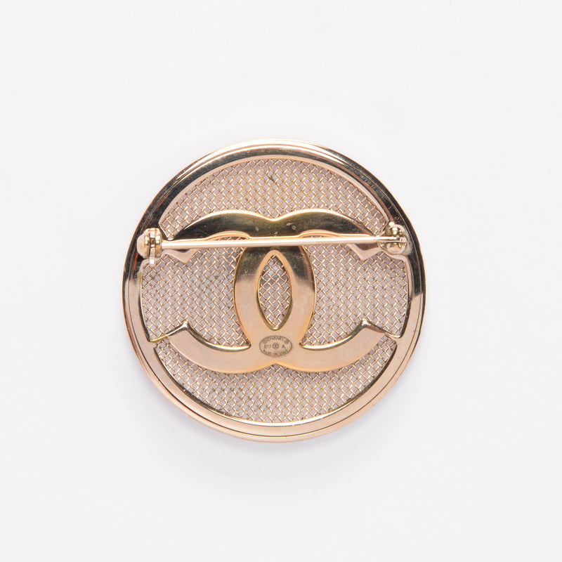 Chanel Light Gold Mesh Round CC Brooch - Blue Spinach