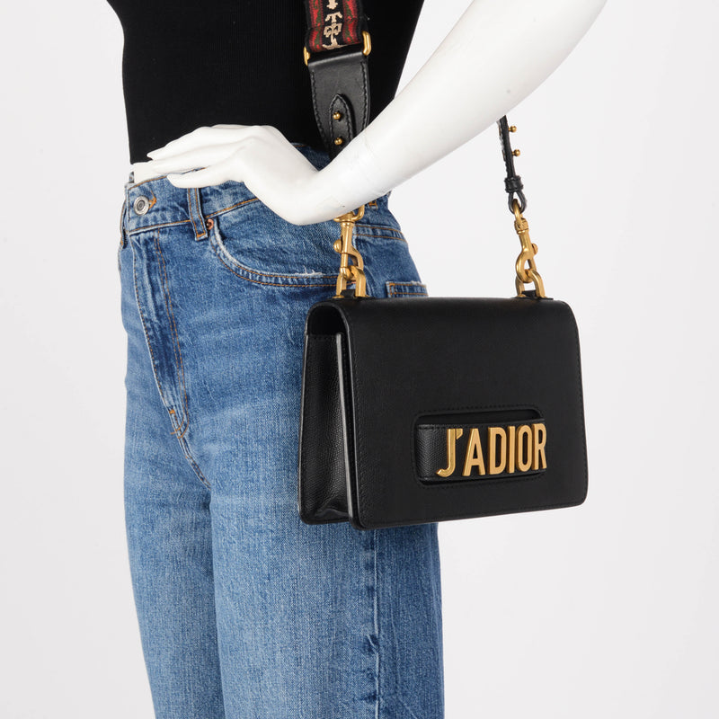 Dior Black Grained Calfskin J'Adior Flap Bag + Bohemian Strap - Blue Spinach