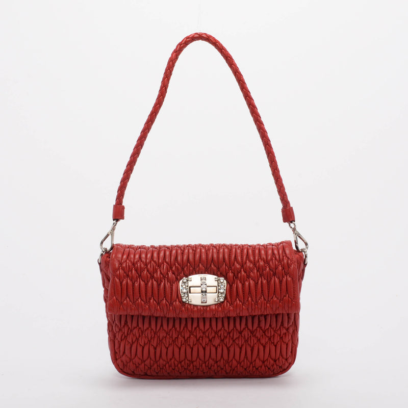 Miu Miu Red Matelasse Crystal Strap Shoulder Bag - Blue Spinach