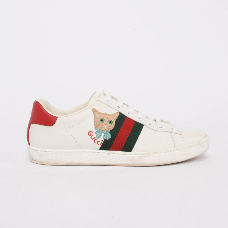 Gucci White Leather Cat Embroidered Ace Sneakers 37.5 - Blue Spinach