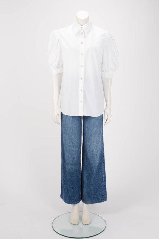 Chanel White Cotton CC Blouse FR 38 - Blue Spinach