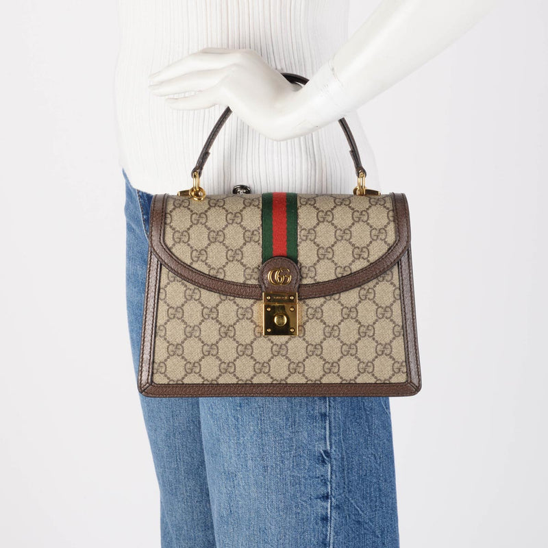 Gucci Beige GG Supreme Ophidia Small Top Handle Bag - Blue Spinach