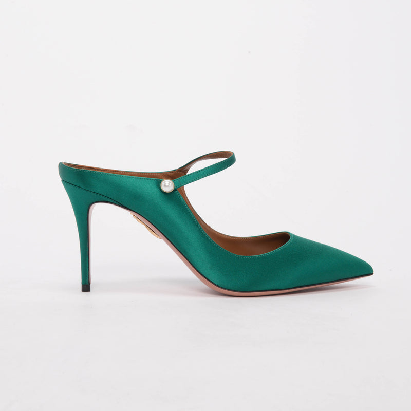 Aquazzura Emerald Green Satin Nolita Mules 41 - Blue Spinach