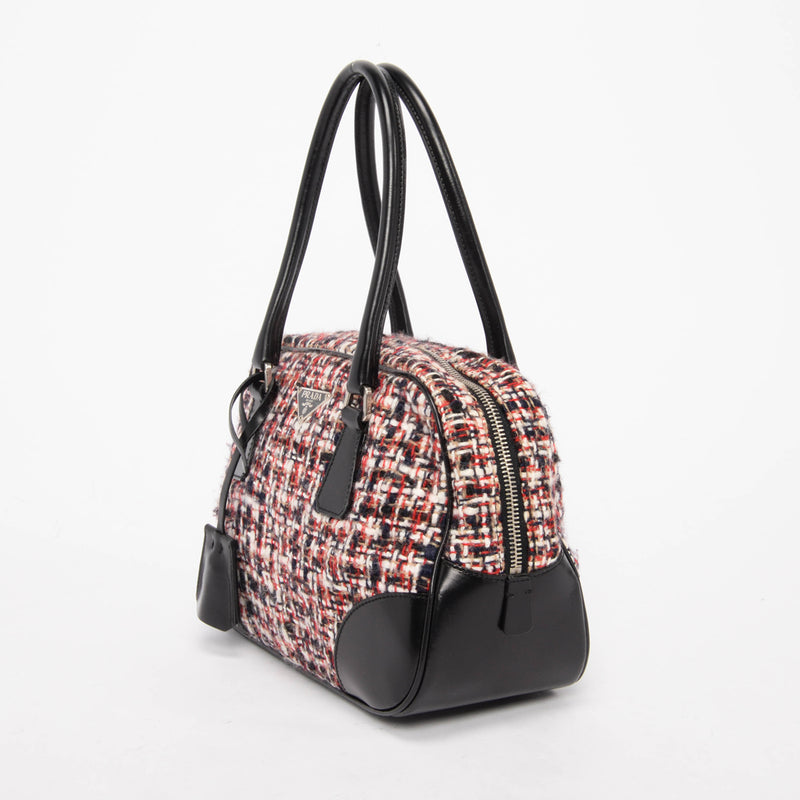 Prada Red Tweed & Vitello Mini Boston Bag - Blue Spinach