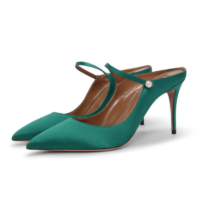 Aquazzura Emerald Green Satin Nolita Mules 41 - Blue Spinach