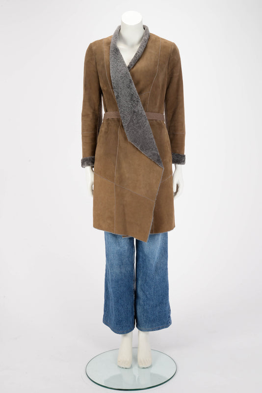 Brunello Cucinelli Brown Shearling Wrap Front Coat IT 42 - Blue Spinach