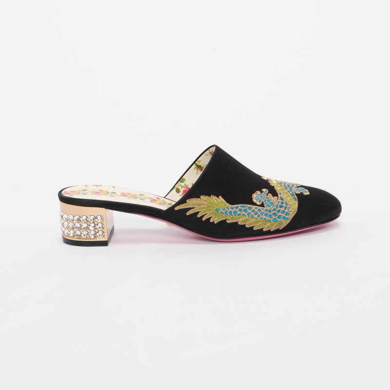 Gucci Black Satin Embroidered Dragon Mules 37 - Blue Spinach