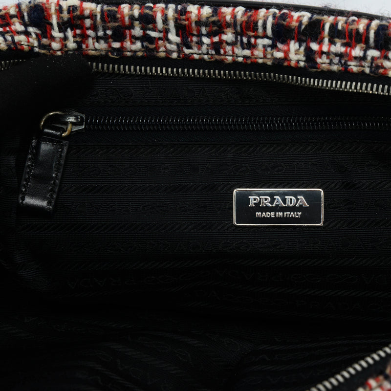 Prada Red Tweed & Vitello Mini Boston Bag - Blue Spinach