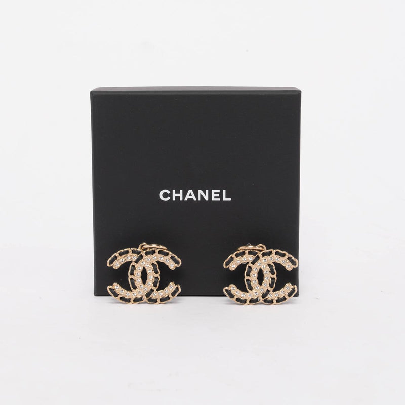 Chanel Black & Gold Crystal CC Drop Earrings - Blue Spinach