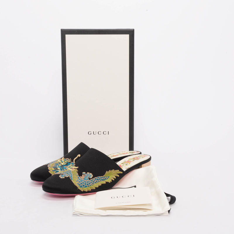 Gucci Black Satin Embroidered Dragon Mules 37 - Blue Spinach