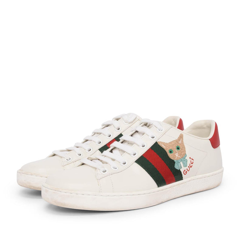 Gucci White Leather Cat Embroidered Ace Sneakers 37.5 - Blue Spinach