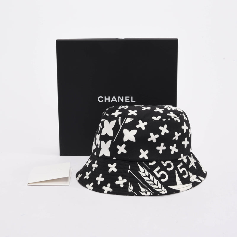 Chanel Black & White Printed Cotton Bucket Hat - Blue Spinach