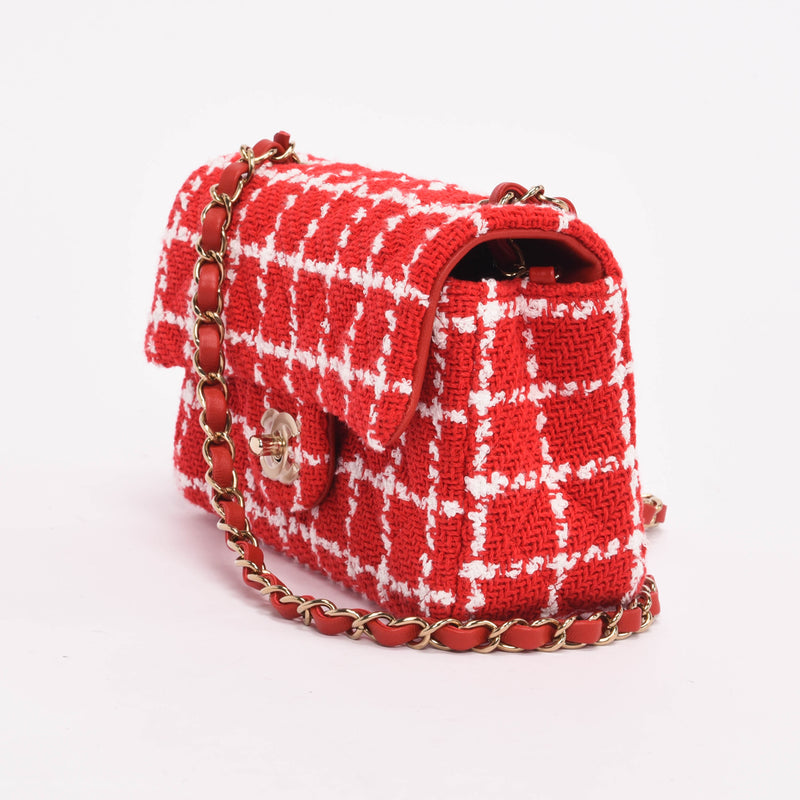 Chanel Red Check Tweed Mini Rectangular Flap Bag - Blue Spinach