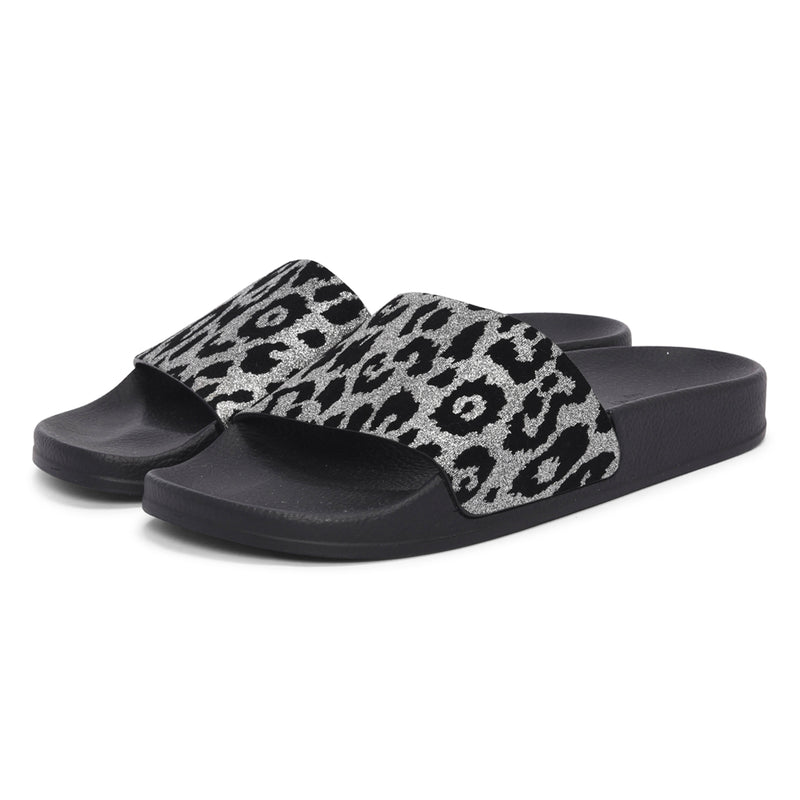 Balmain Black & Silver Leopard Print Calypso Slides 39 - Blue Spinach