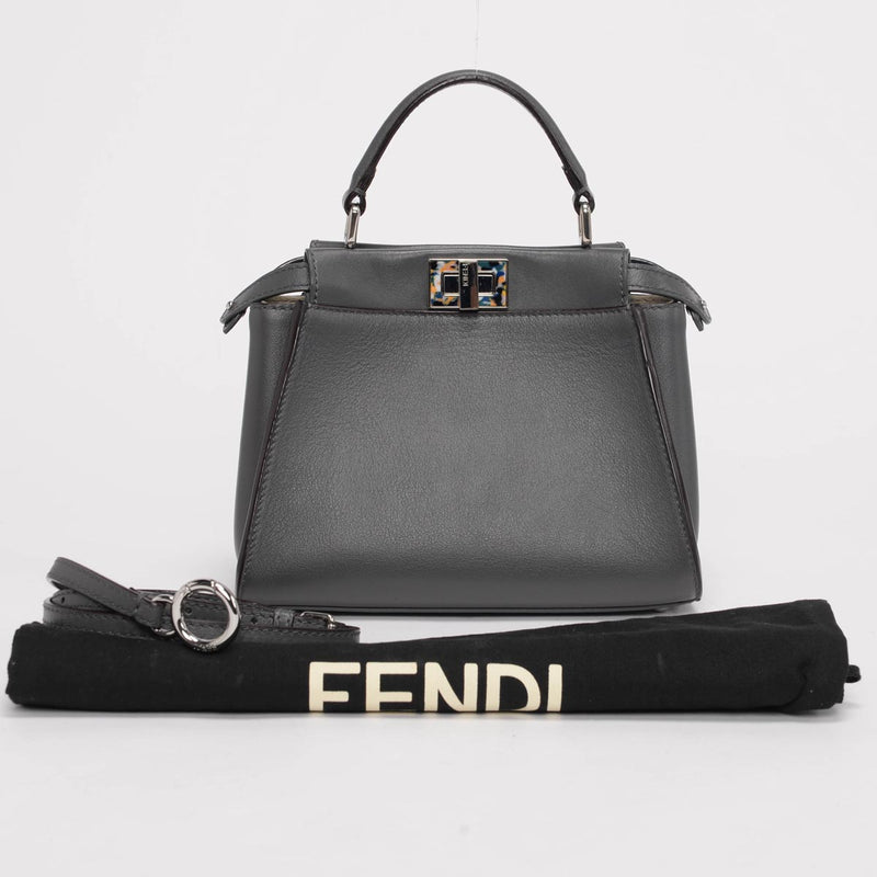 Fendi Grey Leather Mini Peekaboo Shoulder Bag - Blue Spinach