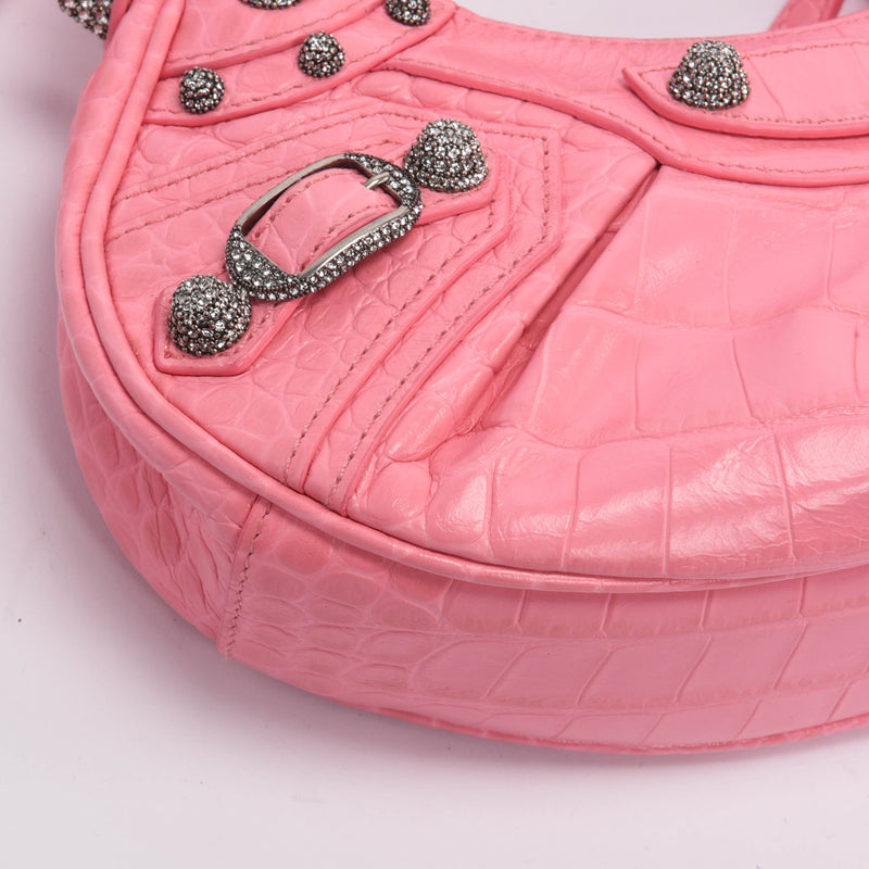 Balenciaga Pink Croc Embossed Le Cagole XS Bag - Blue Spinach