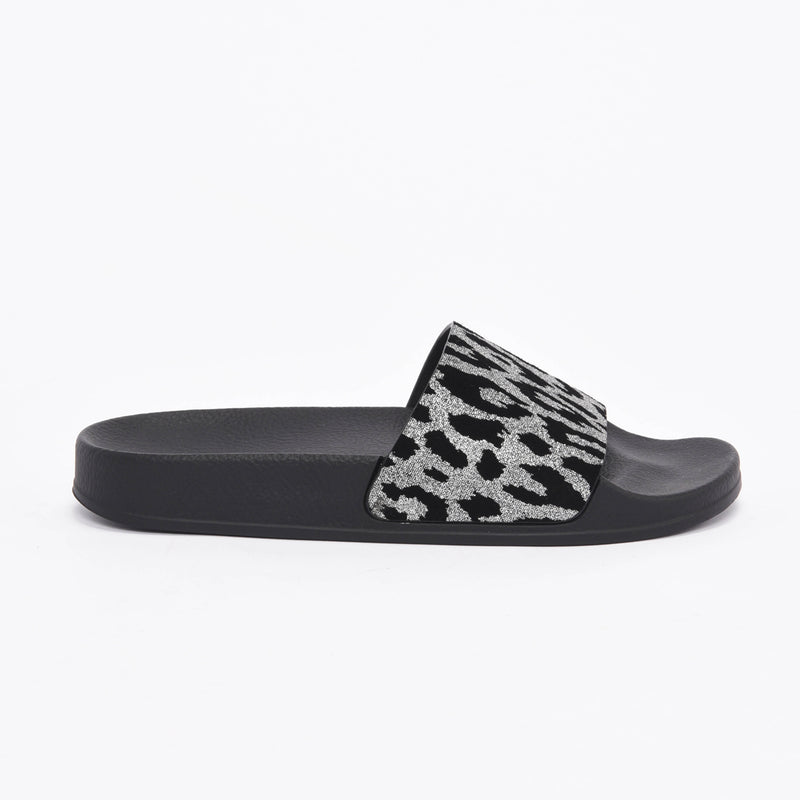 Balmain Black & Silver Leopard Print Calypso Slides 39 - Blue Spinach