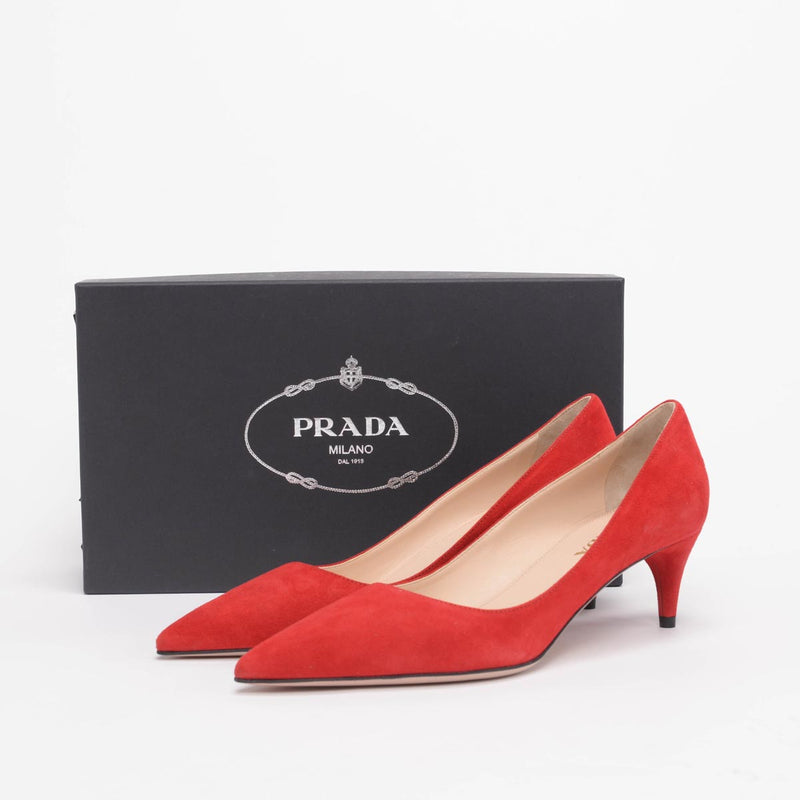 Prada Red Suede Low Heel Pumps - Blue Spinach