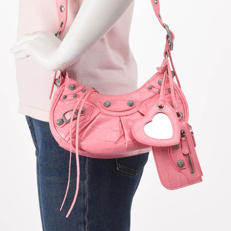 Balenciaga Pink Croc Embossed Le Cagole XS Bag - Blue Spinach