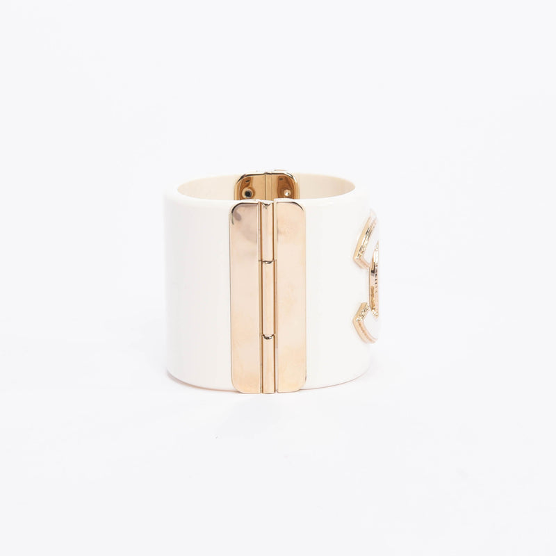 Chanel Cream & Gold Resin CC Cuff - Blue Spinach