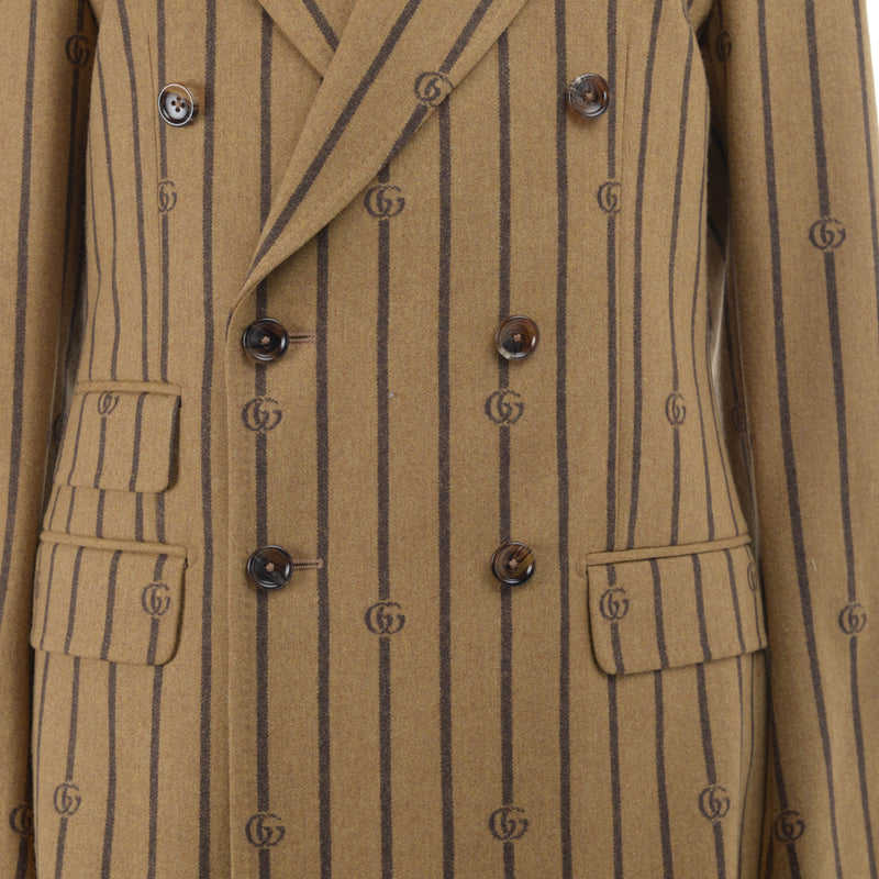 Gucci Brown Pinstriped GG Double Breasted Blazer IT 46 - Blue Spinach