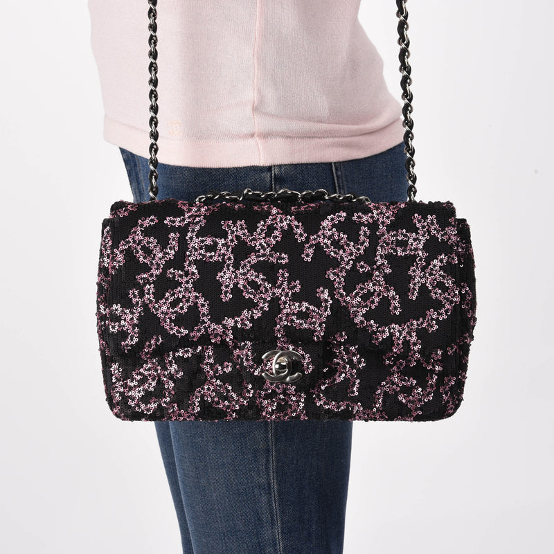 Chanel Black & Pink CC Sequins Medium Flap Bag - Blue Spinach