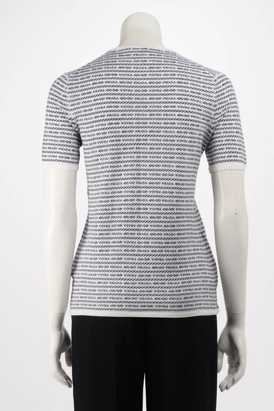 Prada Black & White Wool Logo Intarsia Knit Top IT 40 - Blue Spinach