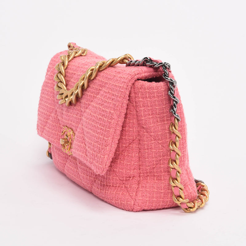 Chanel Pink Glitter Tweed Large Chanel 19 Flap Bag - Blue Spinach