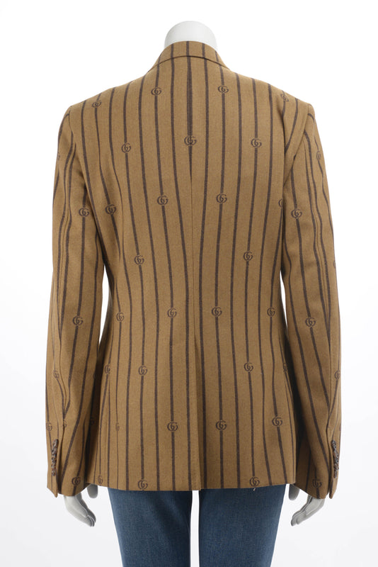 Gucci Brown Pinstriped GG Double Breasted Blazer IT 46 - Blue Spinach