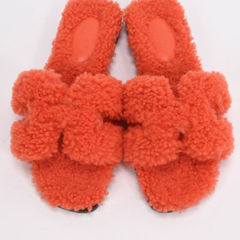 Hermes Orange Shearling Oran Sandals 36 - Blue Spinach