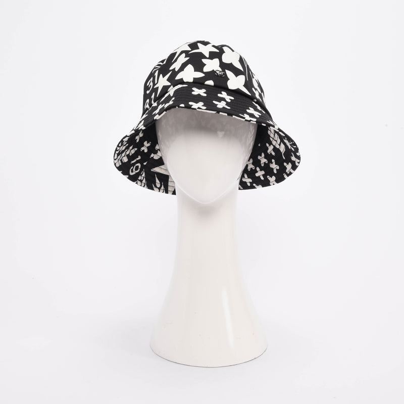 Chanel Black & White Printed Cotton Bucket Hat - Blue Spinach