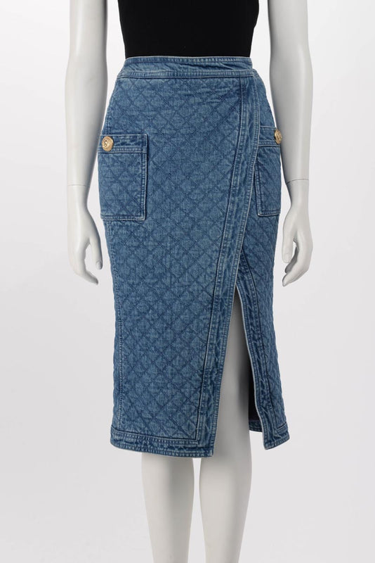 Balmain Blue Quilted Denim Pencil Skirt FR 36 - Blue Spinach