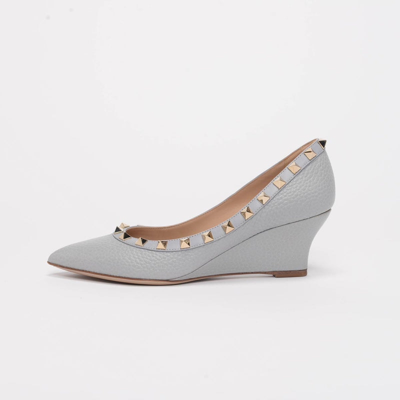 Valentino Grey Pebbled Leather Rockstud Wedges 35 - Blue Spinach