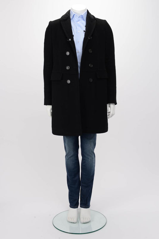 Burberry Prorsum Black Wool Blend Shearling Collar Coat 46 - Blue Spinach