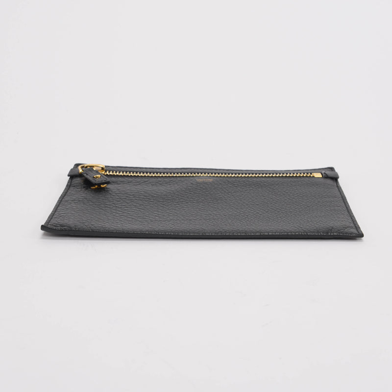 Tom Ford Black Grained Leather Flat Pouch - Blue Spinach