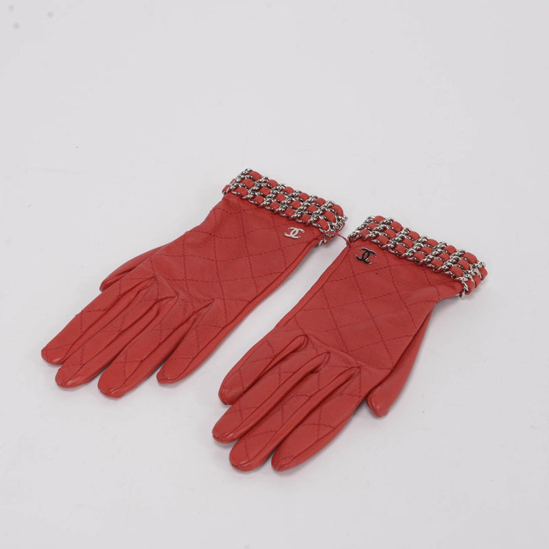 Chanel Red Quilted Lambskin CC Chain Gloves - Blue Spinach